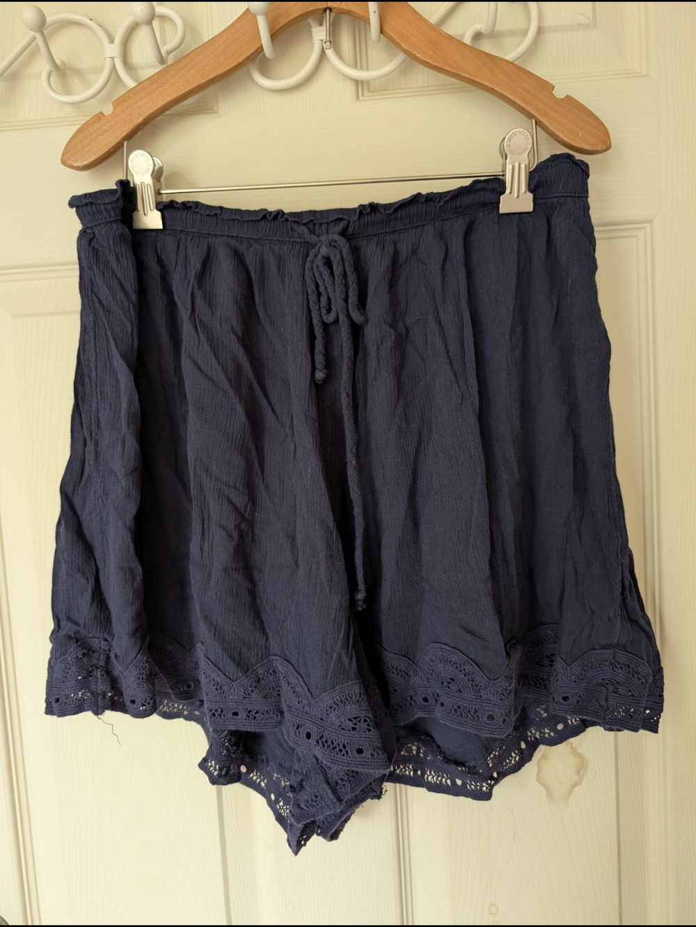 aerie Navy Drawstring Crochet Hem Shorts Large